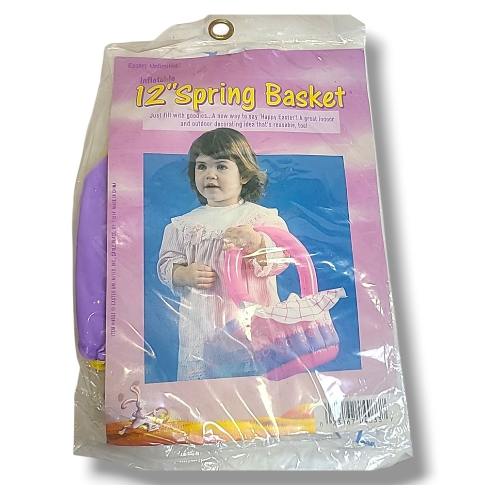 Vintage NOS Inflatable 12" Easter Basket Spring Decor Reusable Yellow & Purple